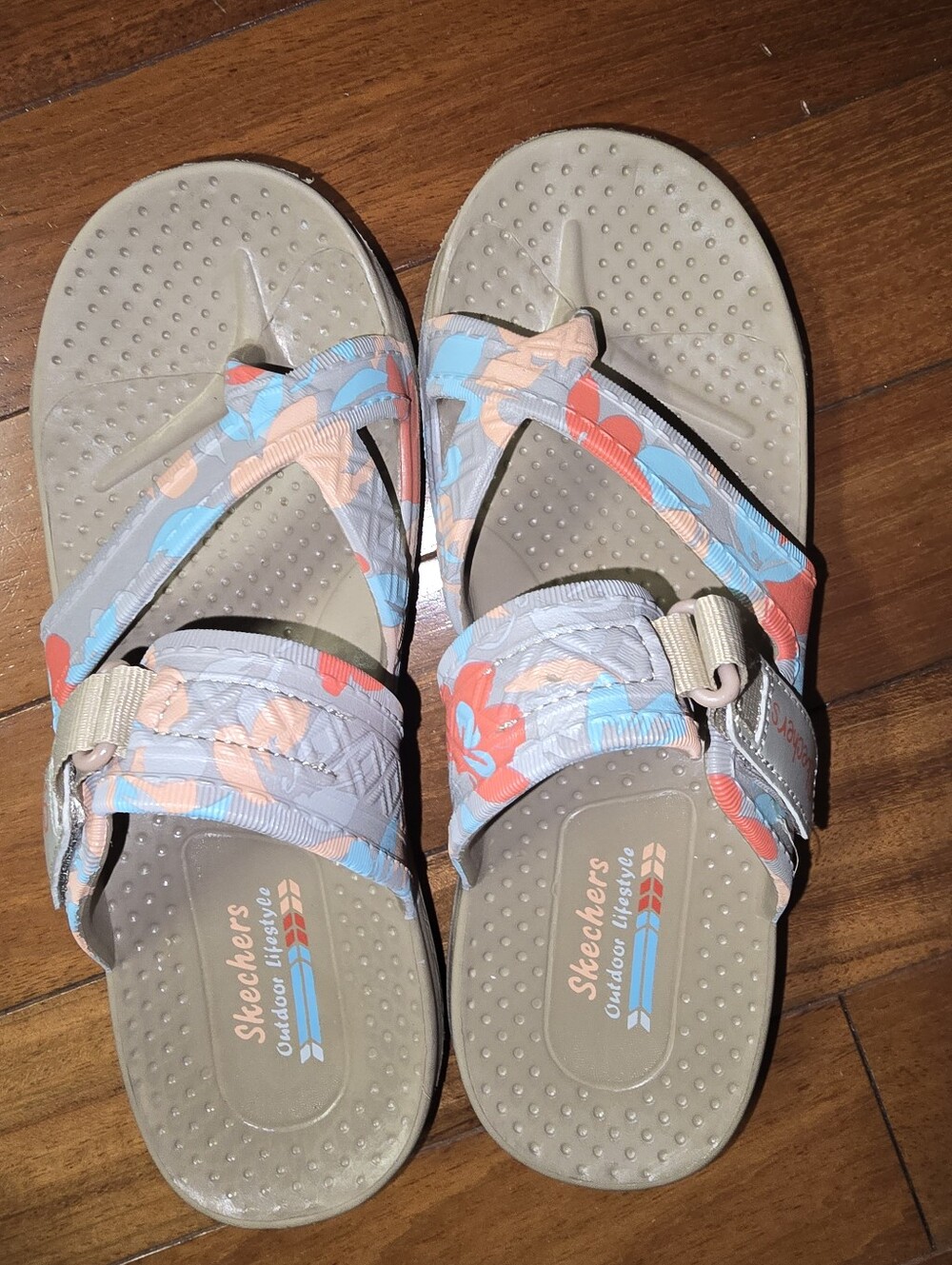 Skechers Women's Floral Strap Sandals in Beige, Blue & Coral